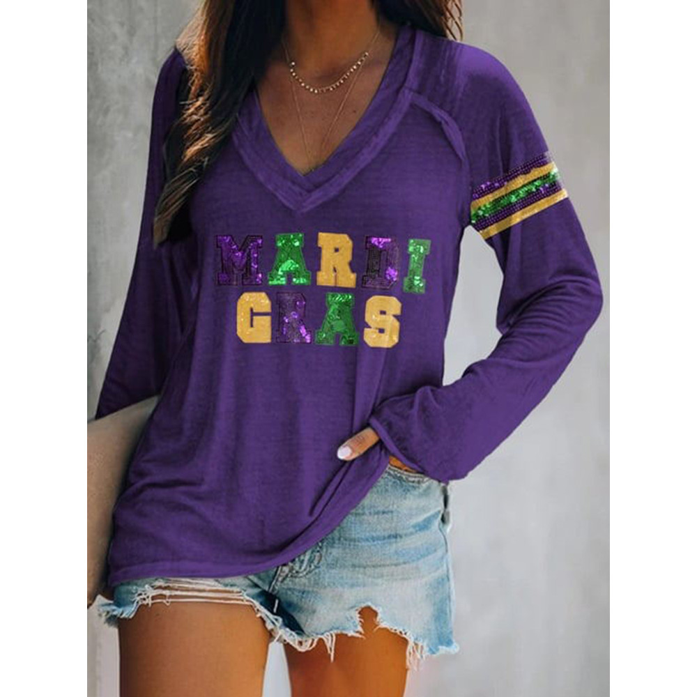 Mardi Gras Print Casual Cozy Long Sleeve T-Shirt