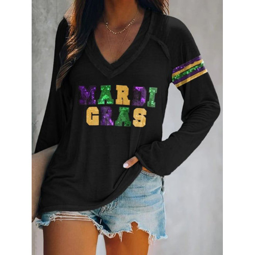 Mardi Gras Print Casual Cozy Long Sleeve T-Shirt