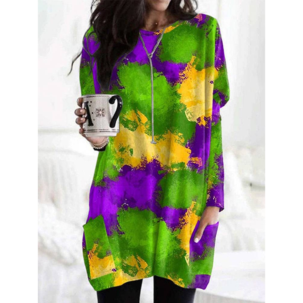 Mardi Gras Print Casual Cozy Long T-shirt