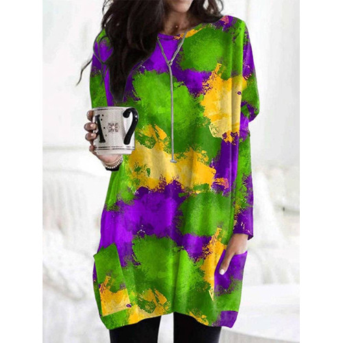 Mardi Gras Print Casual Cozy Long T-shirt