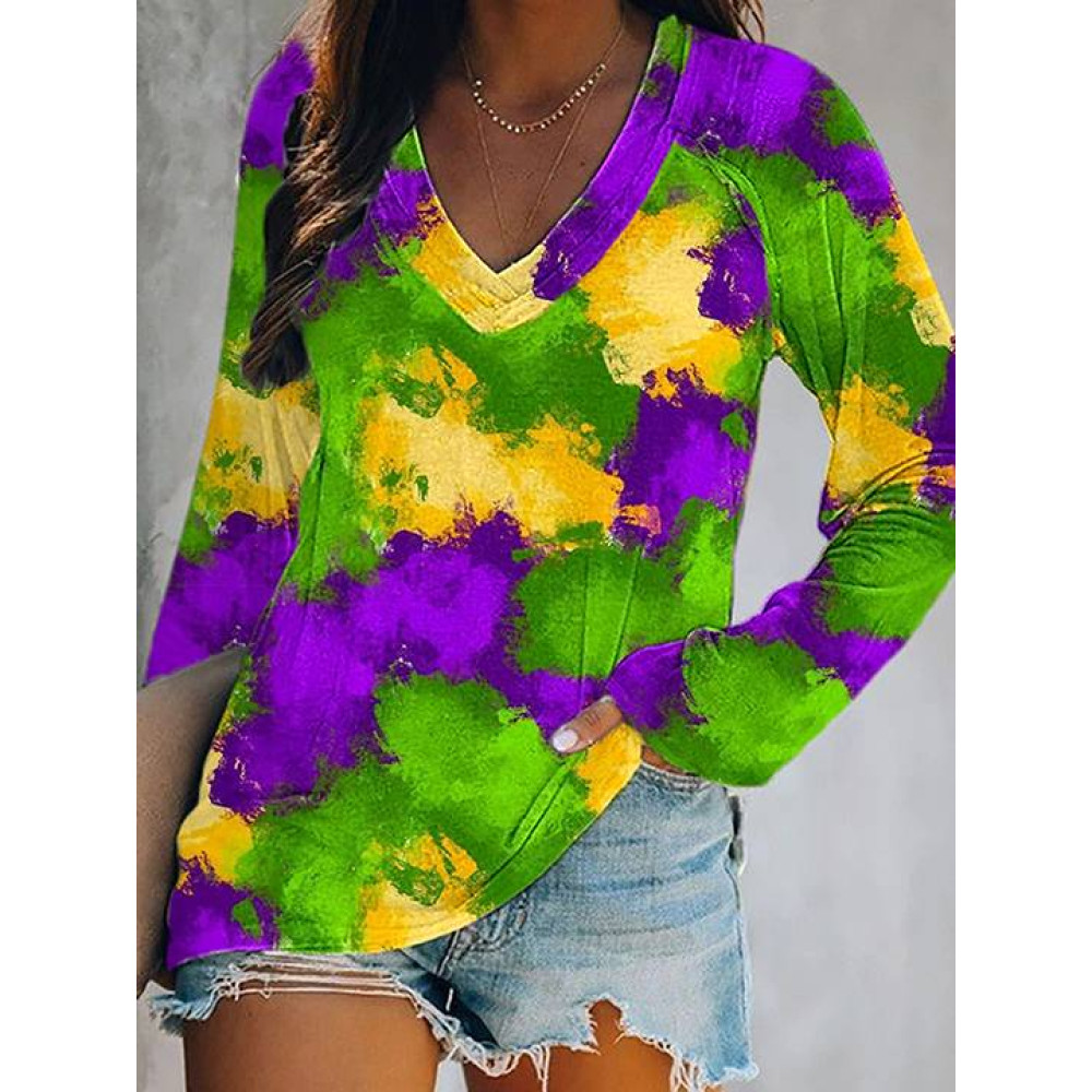 Mardi Gras Print Casual Cozy V-Neck Long Sleeve T-Shirt