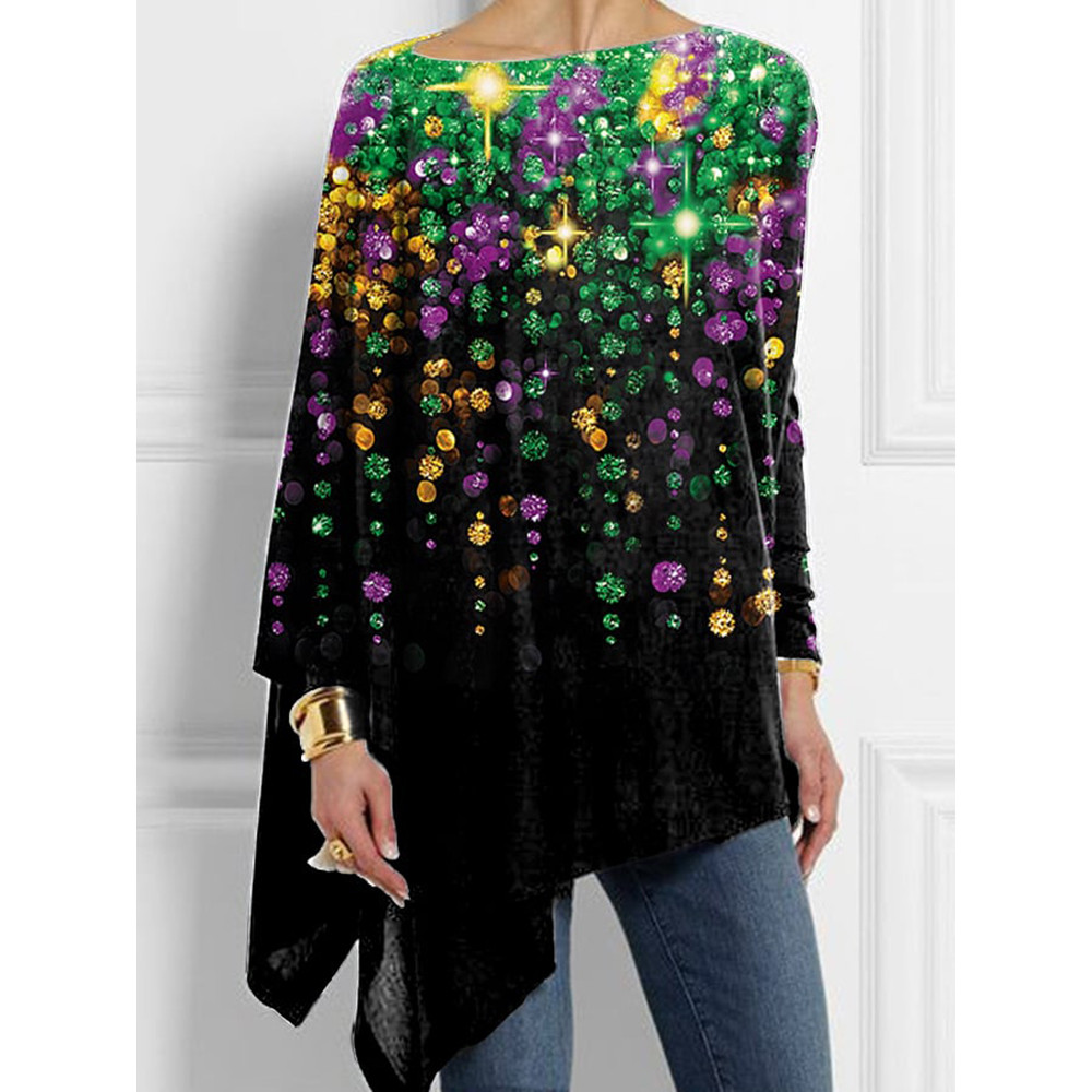 Mardi Gras Print Irregular Casual T-Shirt