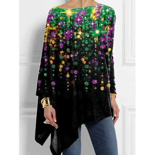 Mardi Gras Print Irregular Casual T-Shirt