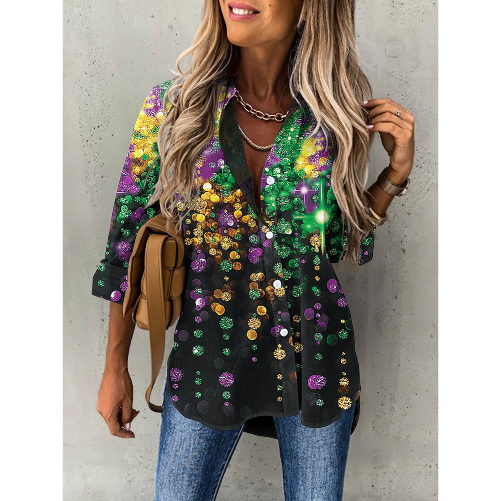 Mardi Gras Print Long Sleeve Casual T-Shirt