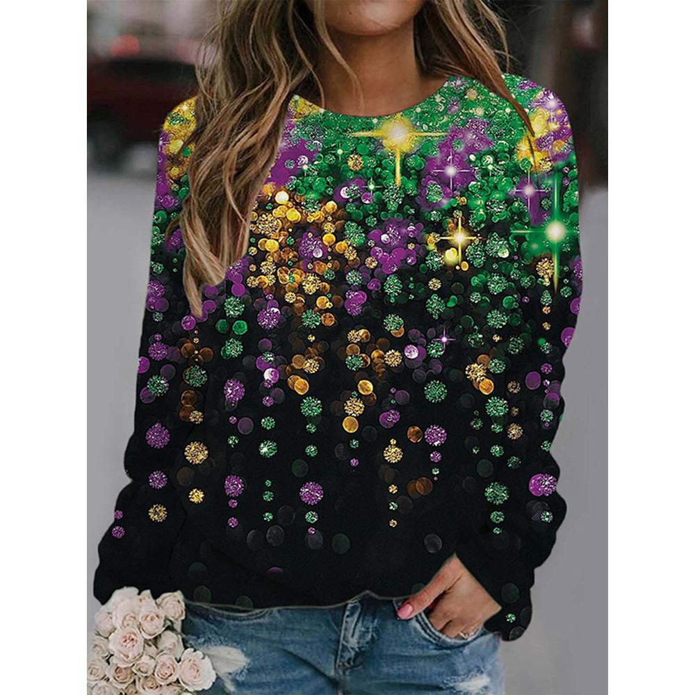 Mardi Gras Print Round Neck Long Sleeve Sweatshirt