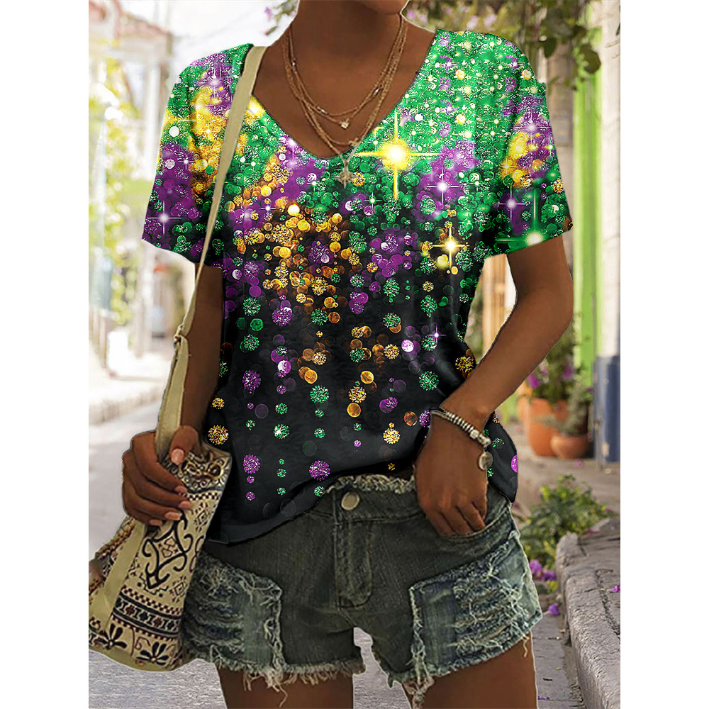 Mardi Gras Print V Neck Casual T-Shirt