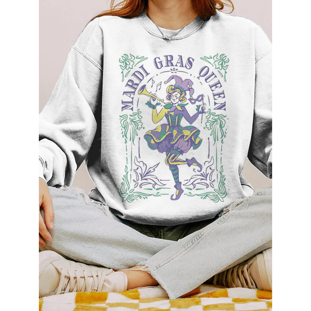 Mardi Gras Queen Print Casual Cozy Sweatshirt