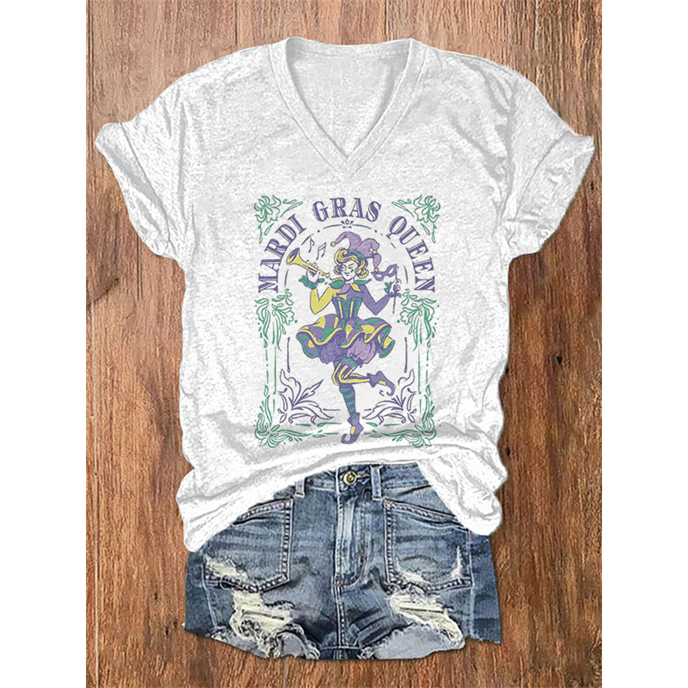 Mardi Gras Queen Print Casual Cozy V-Neck T-Shirt