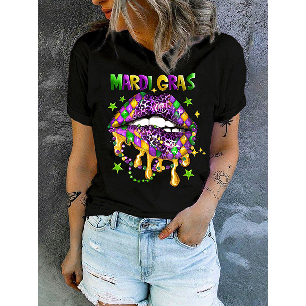 Mardi Gras Round Neck Casual T-Shirt