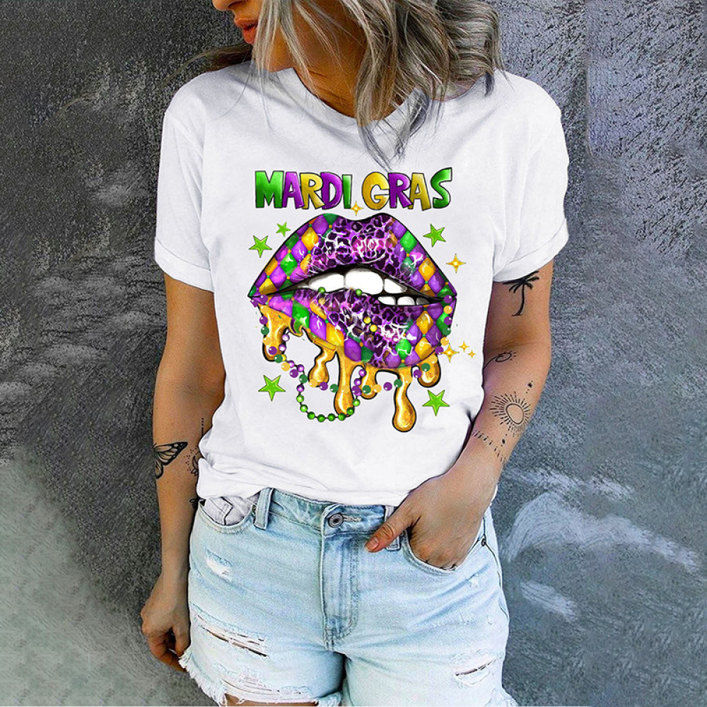 Mardi Gras Round Neck Casual T-Shirt