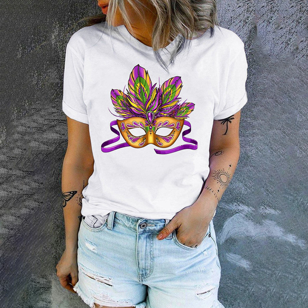 Mardi Gras Round Neck Casual T-Shirt