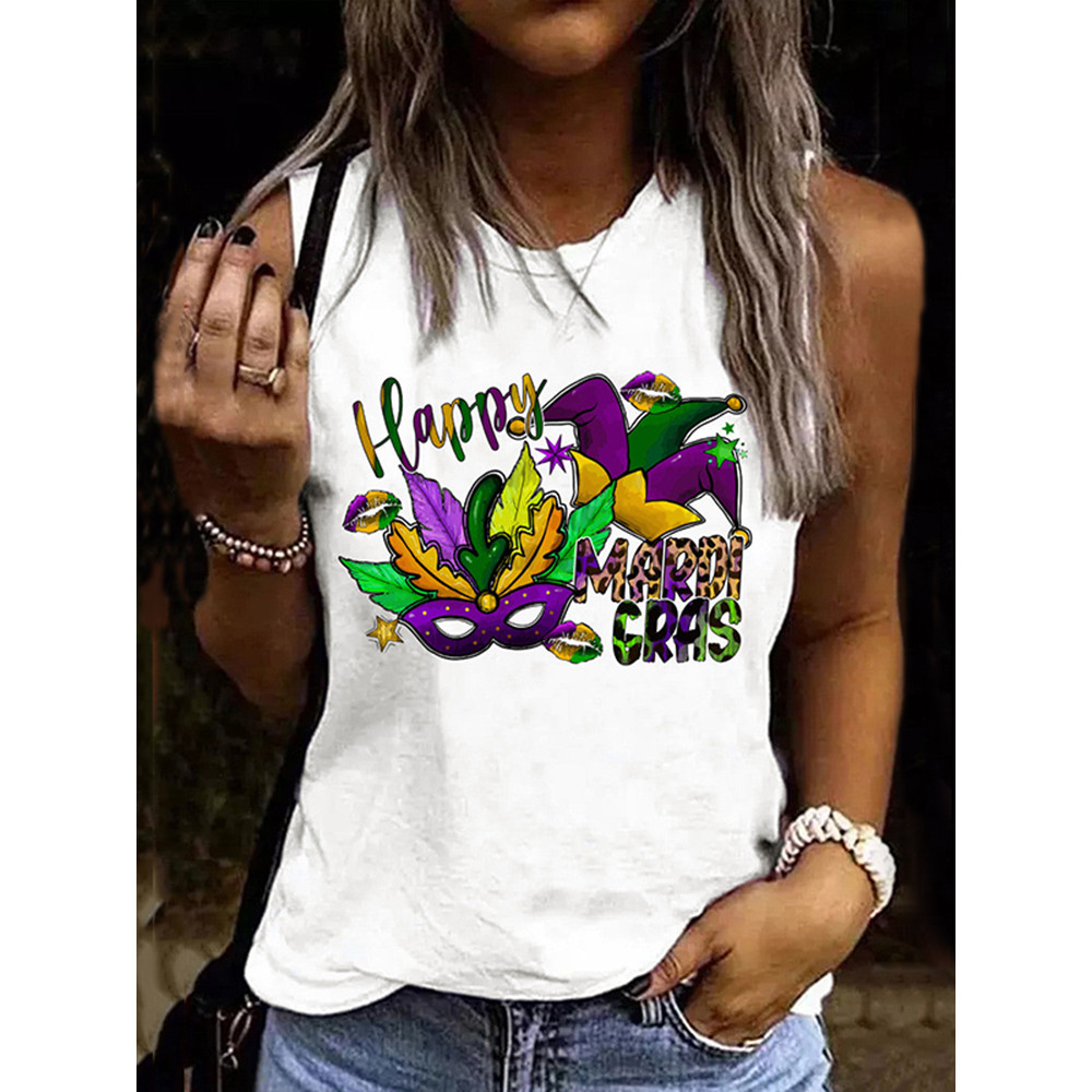 Mardi Gras Round Neck Casual Tank Top