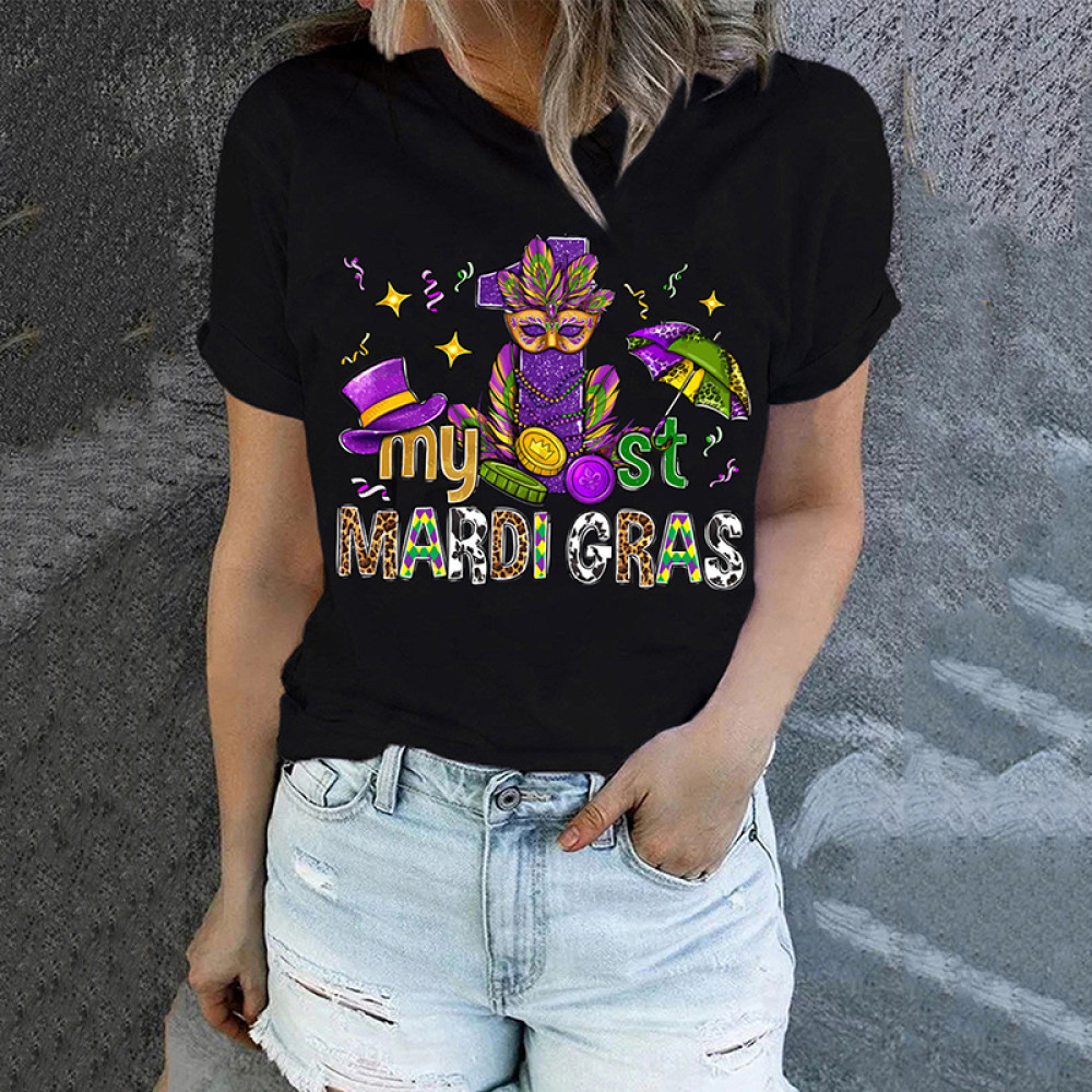 Mardi Gras Round Neck Shift Casual T-Shirt