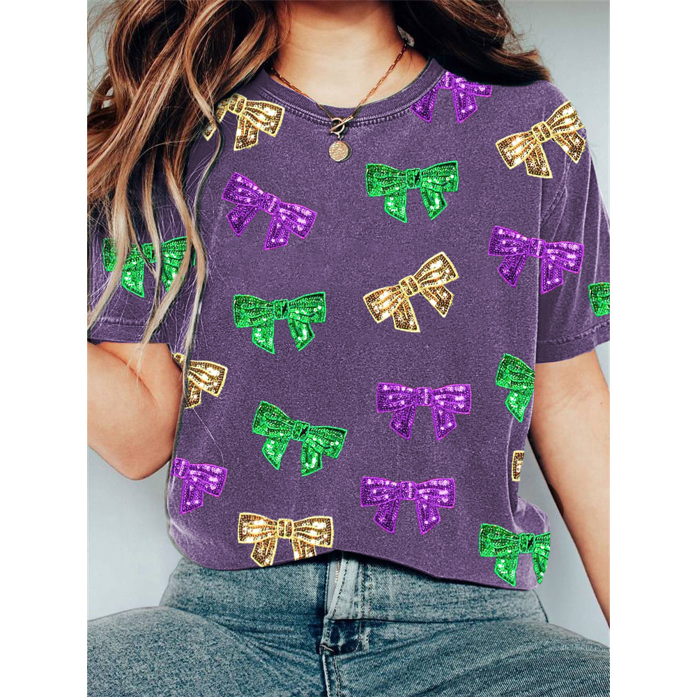 Mardi Gras Sequin Bow Knot Print Casual Cozy T-Shirt