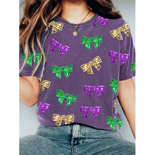 Mardi Gras Sequin Bow Knot Print Casual Cozy T-Shirt