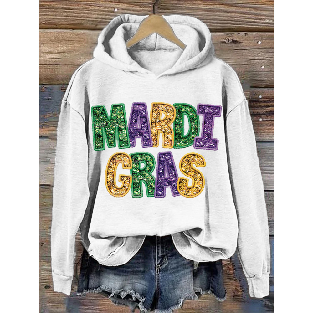 Mardi Gras Sequin Letter Print Hooded Sweatshirt