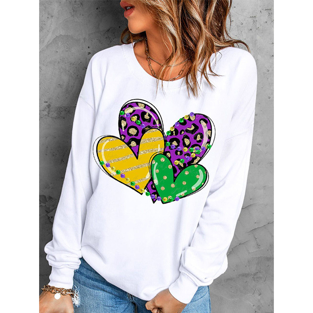 Mardi Gras Solid Heart-Shaped Round Neck Sweatshirt