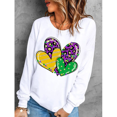 Mardi Gras Solid Heart-Shaped Round Neck Sweatshirt