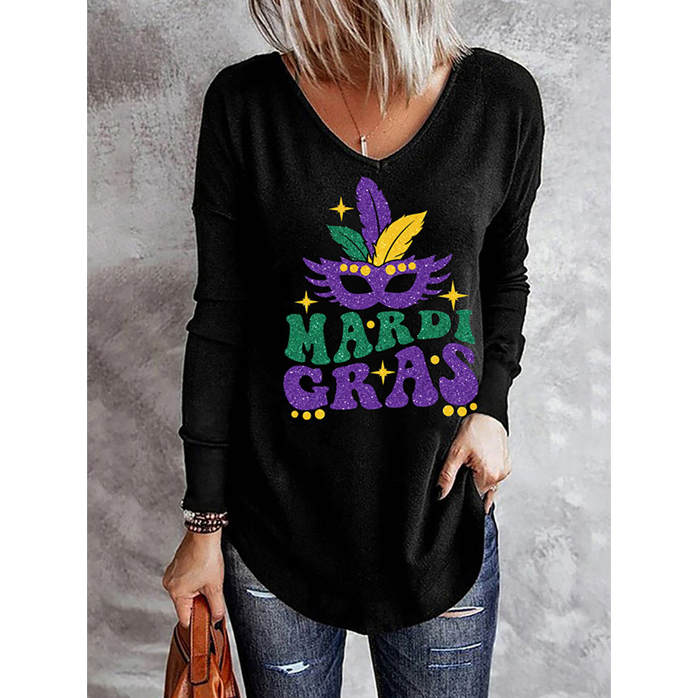 Mardi Gras Solid None V Neck T-Shirt