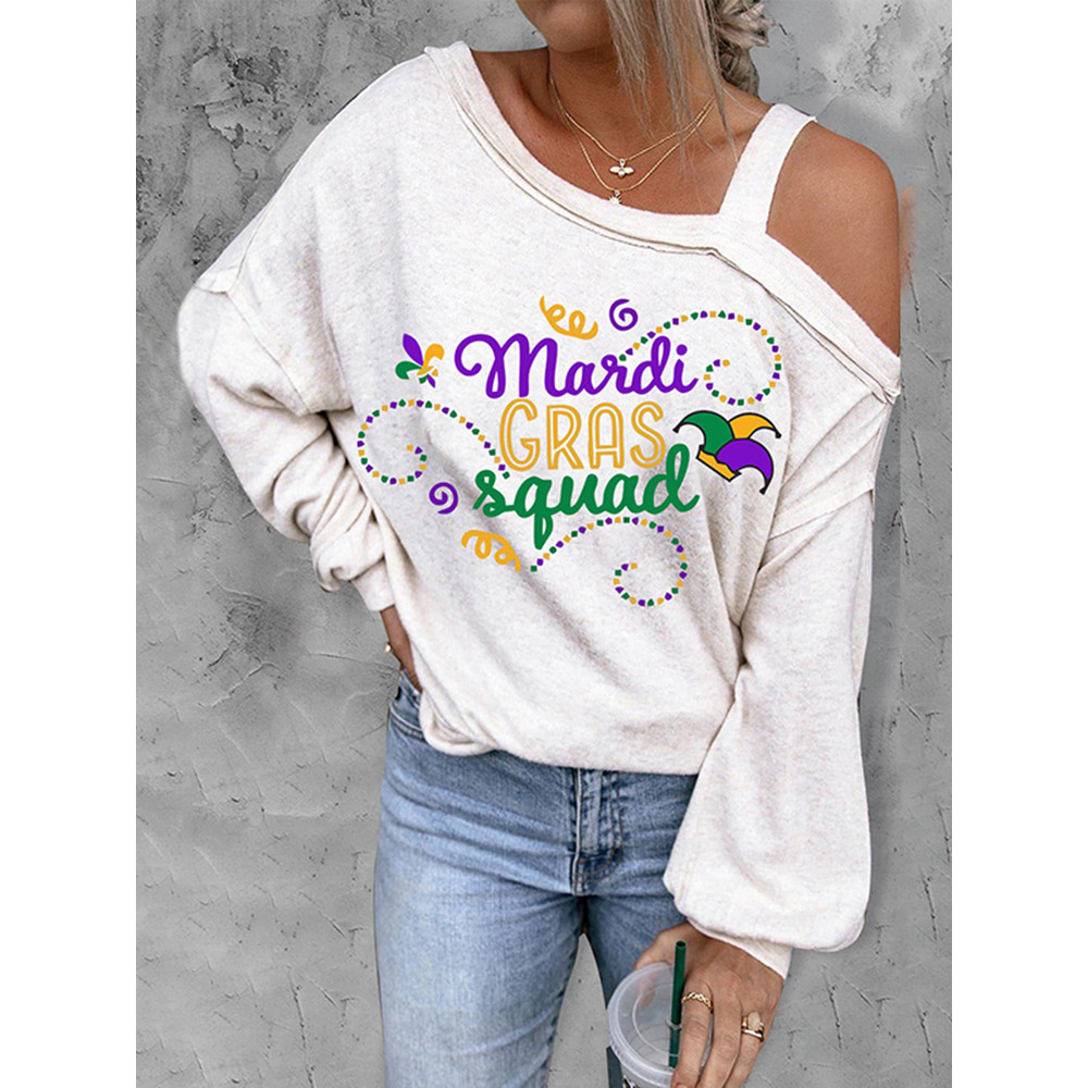 Mardi Gras Squad Asymmetrical Neck Shift Casual T-Shirt