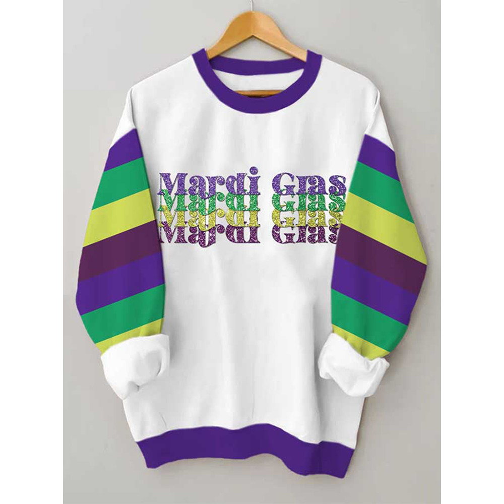 Mardi Gras Stripe Color Block Print Sweatshirt