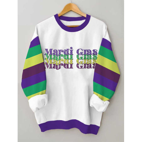 Mardi Gras Stripe Color Block Print Sweatshirt