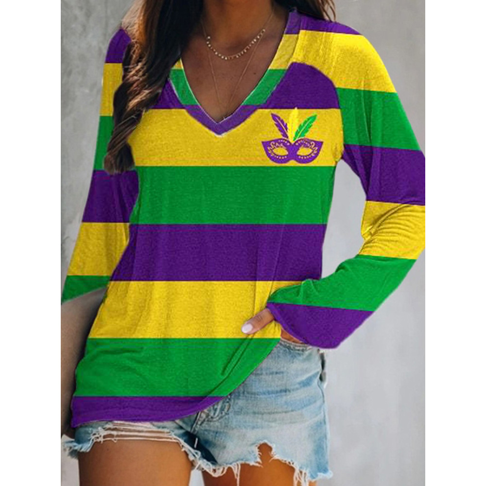 Mardi Gras Striped V Neck Casual T-Shirt