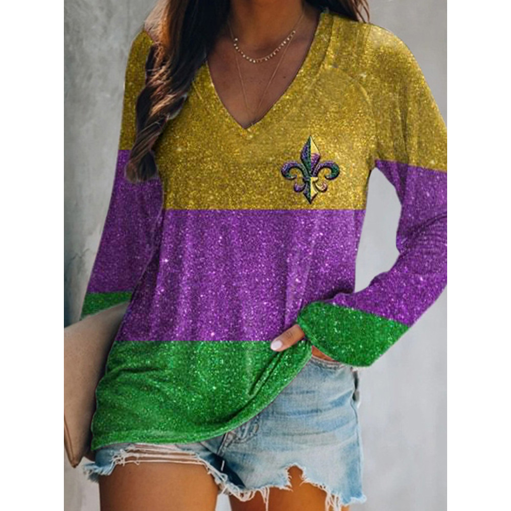 Mardi Gras Striped V-Neck Long Sleeve Casual T-Shirt