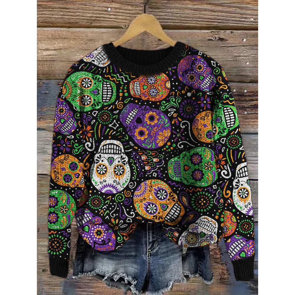 Mardi Gras Sugar Skulls Pattern Cozy Knit Sweater