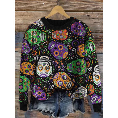 Mardi Gras Sugar Skulls Pattern Cozy Knit Sweater