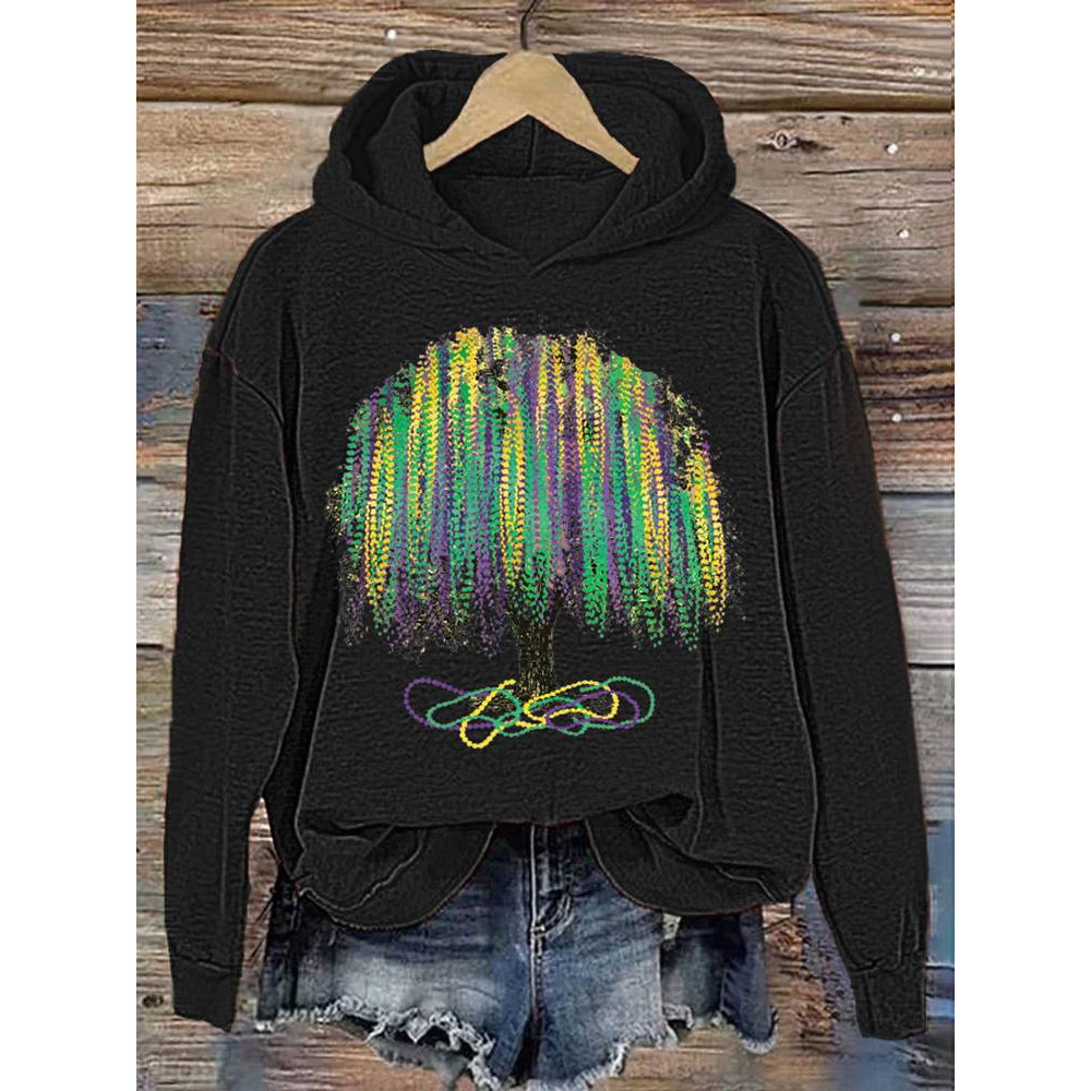 Mardi Gras Tree Print Casual Cozy Hoodie