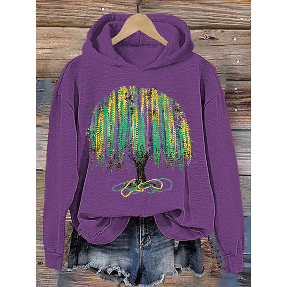 Mardi Gras Tree Print Casual Cozy Hoodie