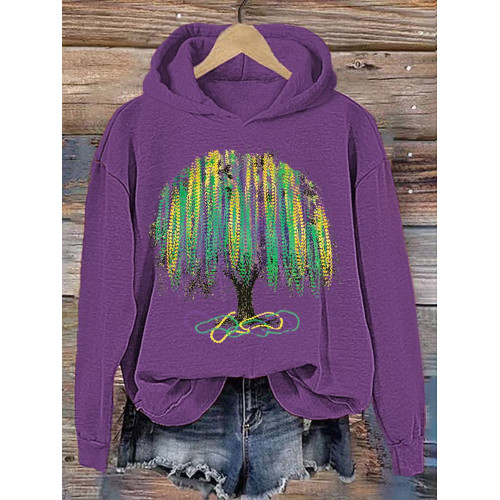 Mardi Gras Tree Print Casual Cozy Hoodie