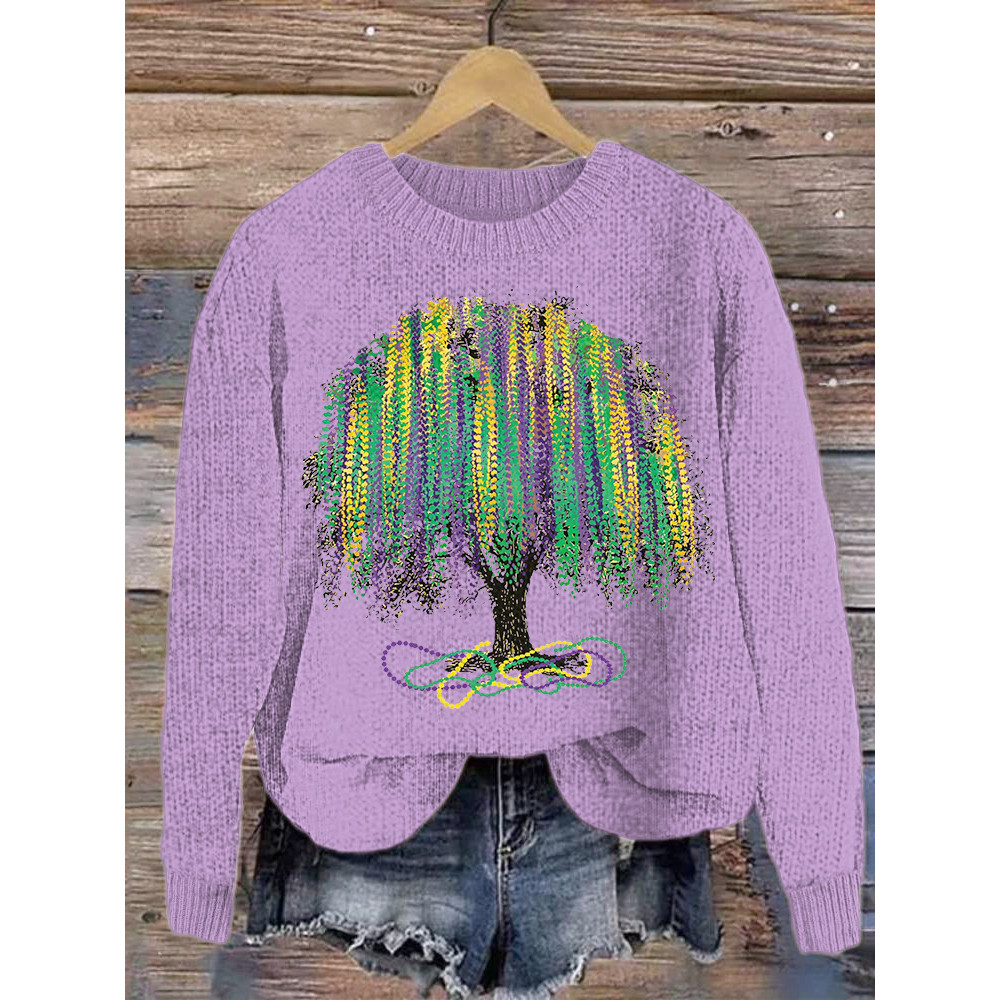 Mardi Gras Tree Print Casual Cozy Knit Sweater