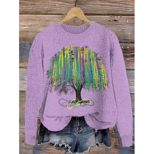 Mardi Gras Tree Print Casual Cozy Knit Sweater