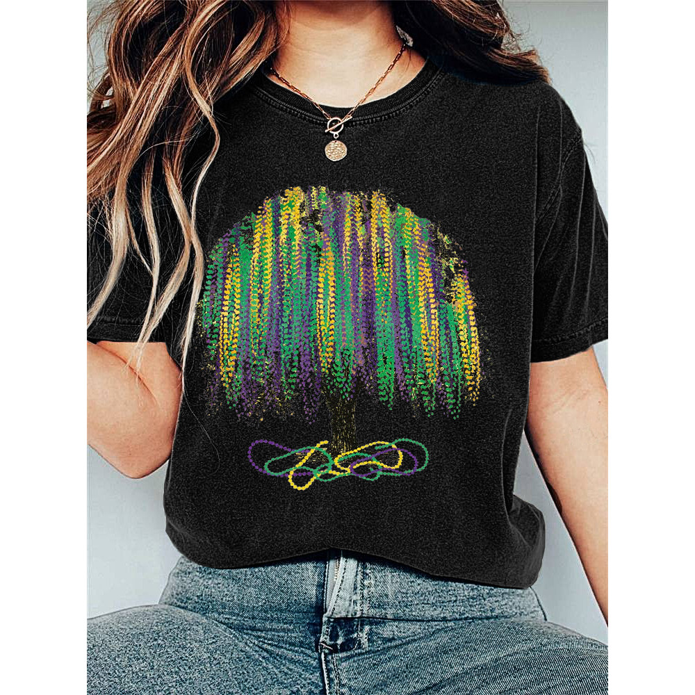 Mardi Gras Tree Print Casual Cozy T-Shirt
