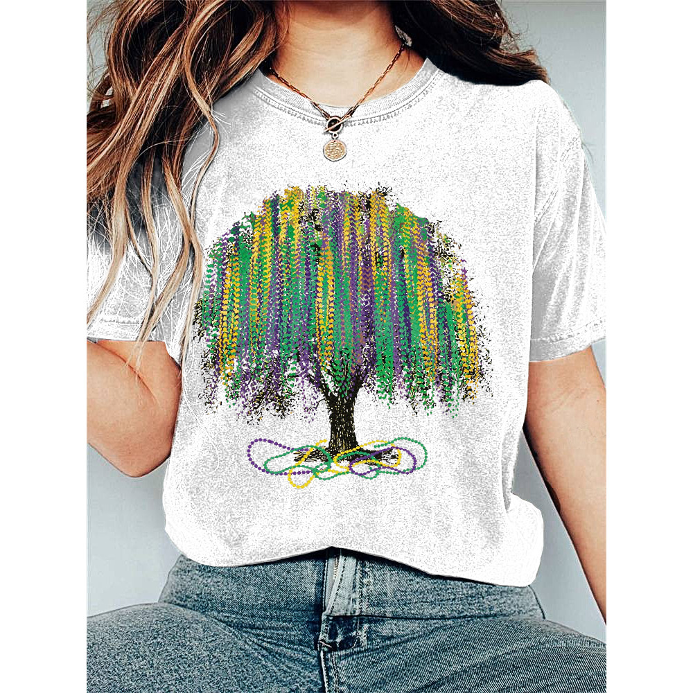 Mardi Gras Tree Print Casual Cozy T-Shirt
