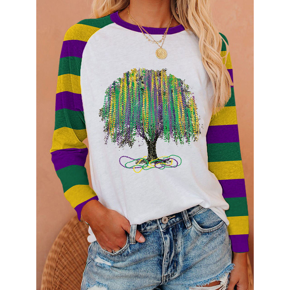Mardi Gras Tree Print Casual Long Sleeved T-Shirt