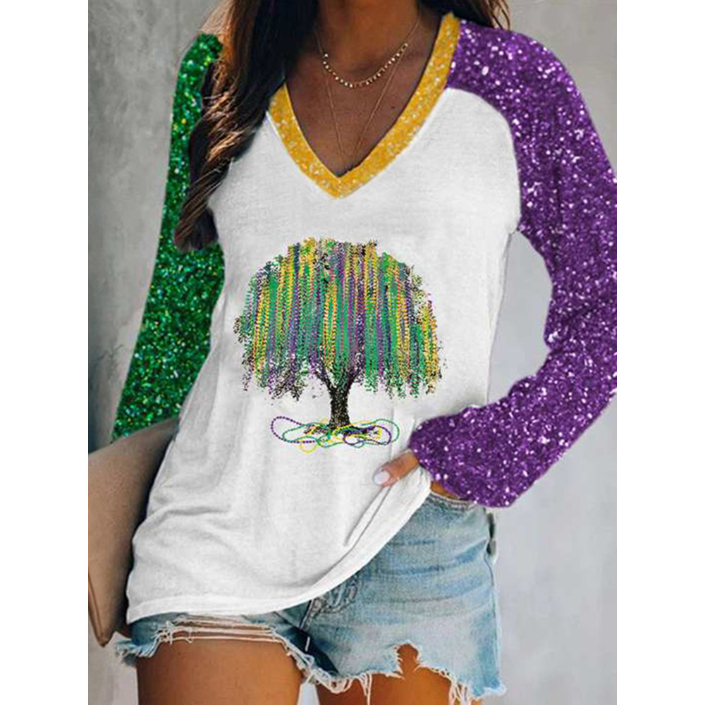 Mardi Gras Tree V-Neck Long Sleeve T-Shirt