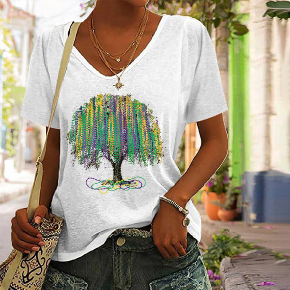 Mardi Gras Tree V-Neck Short Sleeve T-Shirt