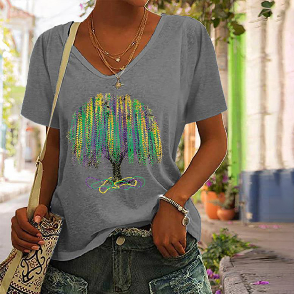 Mardi Gras Tree V-Neck Short Sleeve T-Shirt