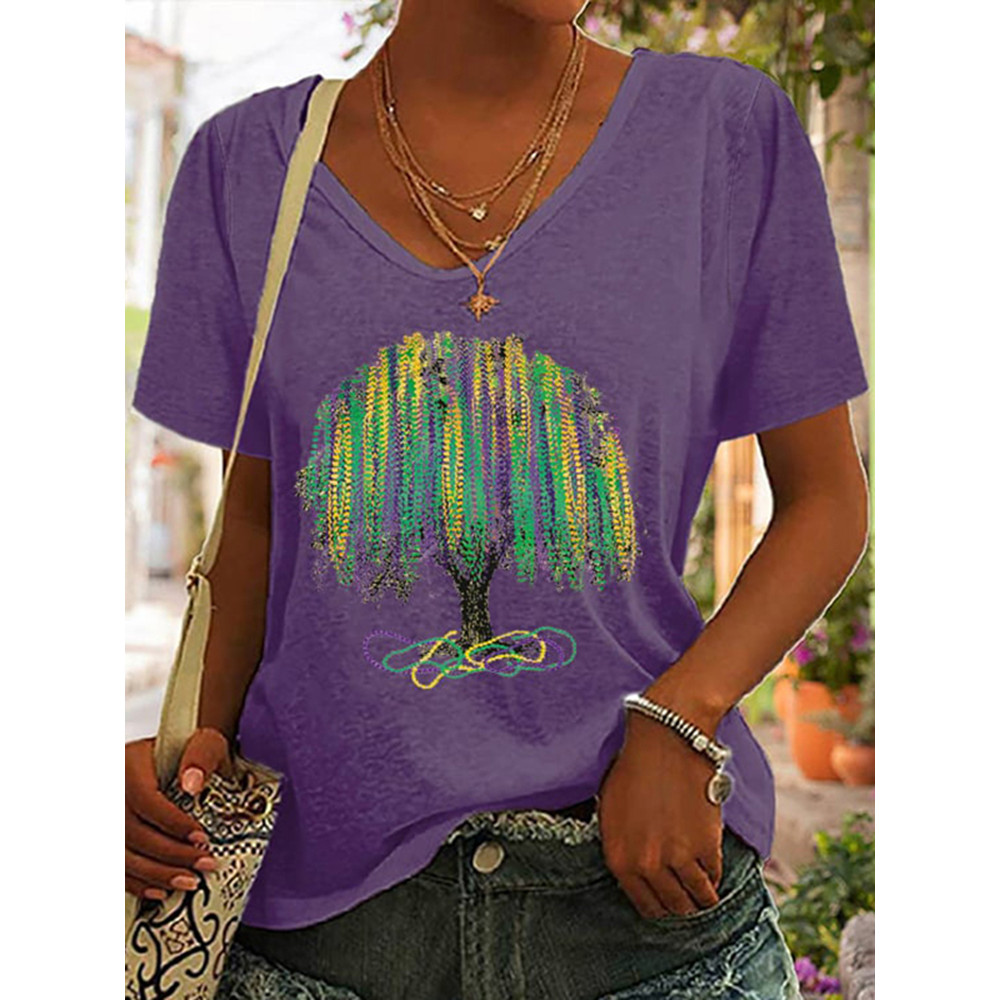 Mardi Gras Tree V-Neck Short Sleeve T-Shirt