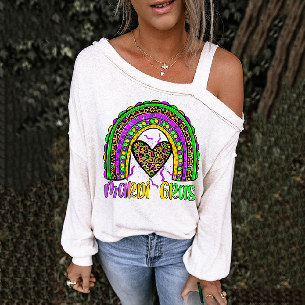 Mardi Gras Tricolor Rainbow Graphic Asymmetrical T-Shirt