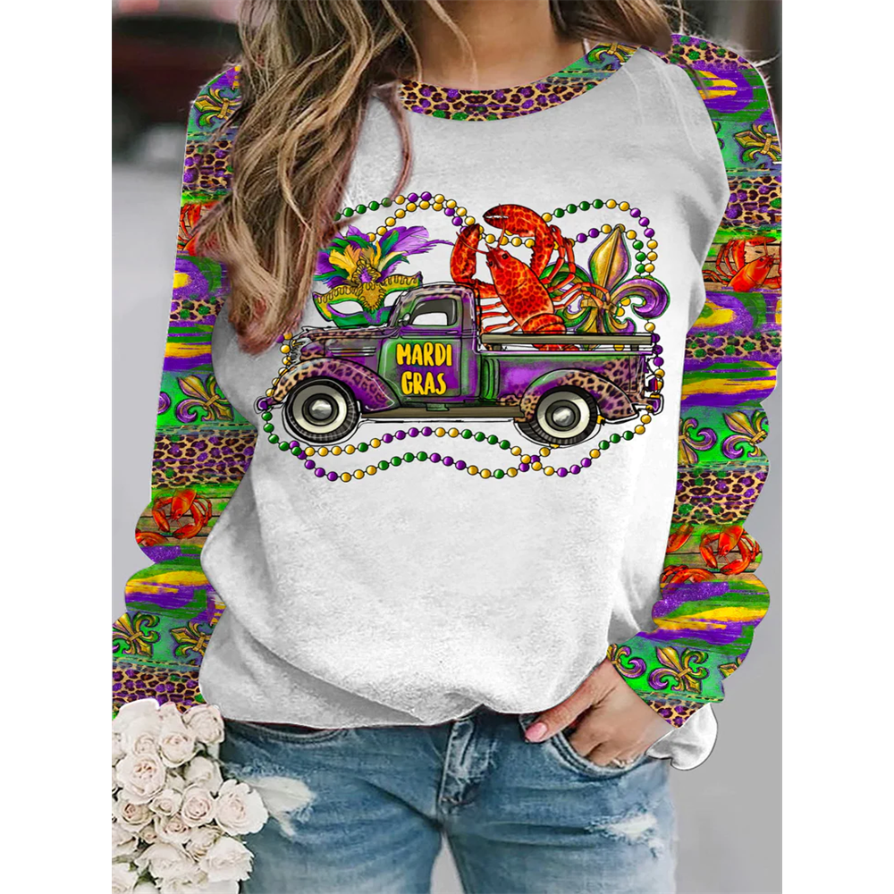 Mardi Gras Truck With Mask Fleur De Lis And Crawfish Western Leopard Print Sweatshirt