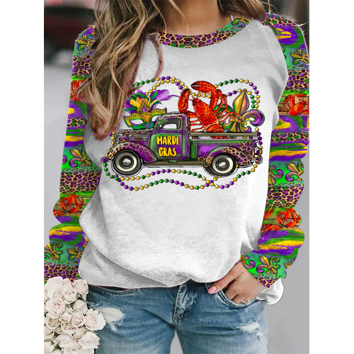 Mardi Gras Truck With Mask Fleur De Lis And Crawfish Western Leopard Print Sweatshirt