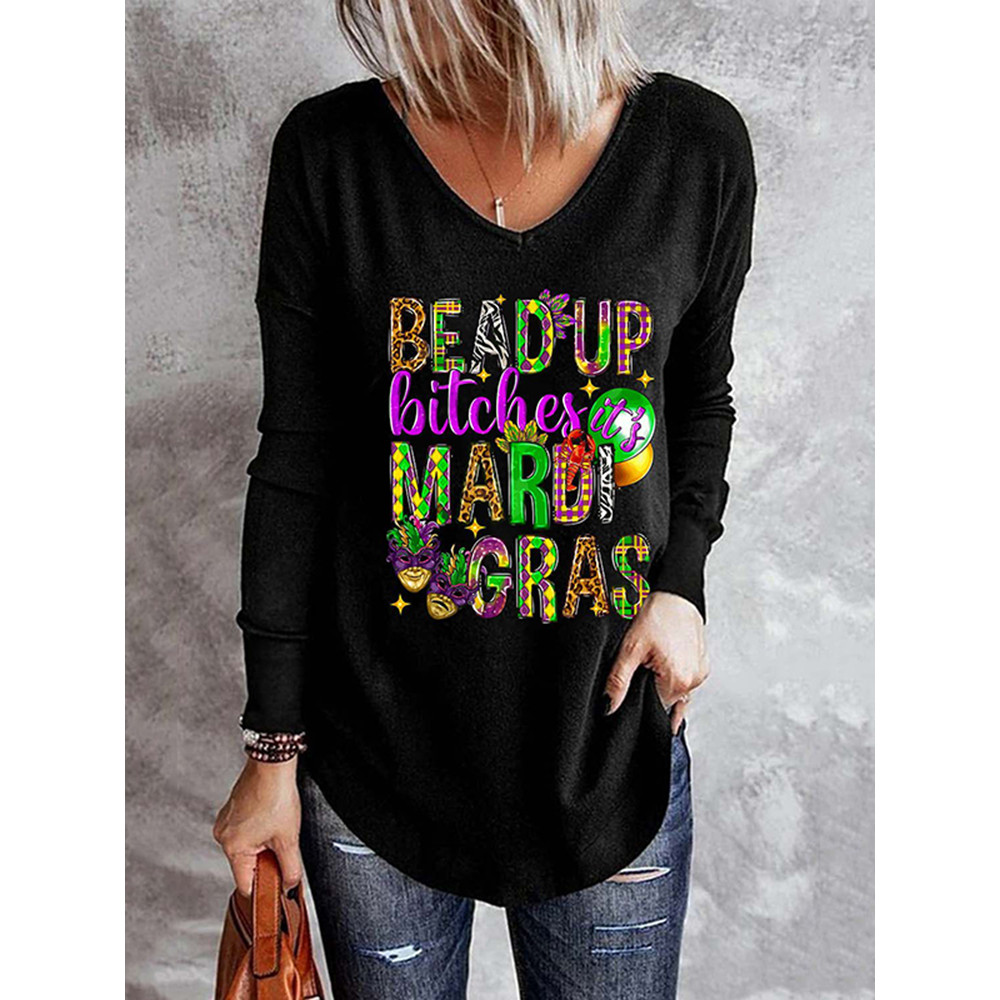 Mardi Gras V Neck Casual Long Sleeve T-Shirt