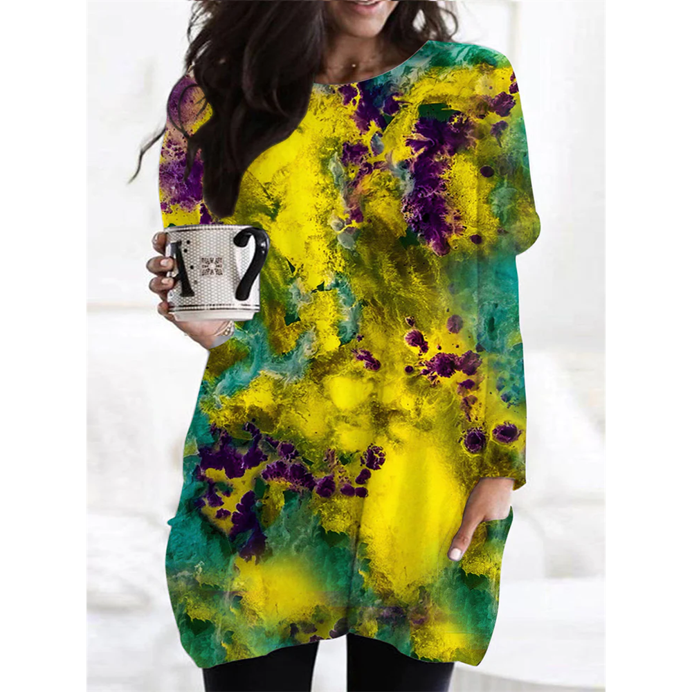 Purple Green Yellow Gradient Tie-dye Print Vintage Tunic with Pockets