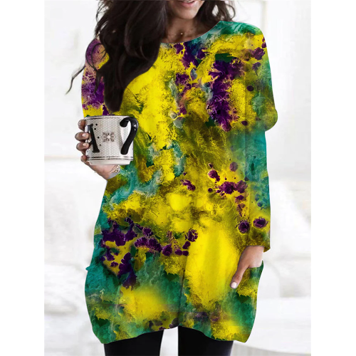 Purple Green Yellow Gradient Tie-dye Print Vintage Tunic with Pockets