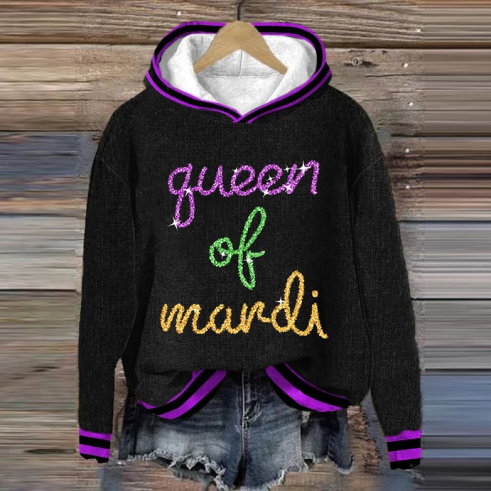 Retro Mardi Gras Queen Of Mardi Print Hoodie