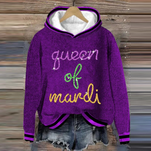 Retro Mardi Gras Queen Of Mardi Print Hoodie